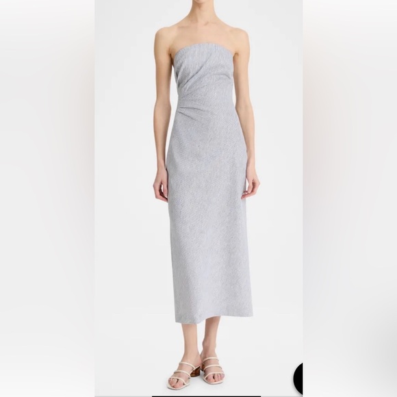 Vince Ticking Stripe Drape Front Strapless Linen-Blend Dress Size 10 *Flaw - Picture 2 of 8